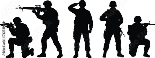 Soldier silhouettes with guns vector illustration, military men in action poses, armed forces team silhouette, army operation training concept, defense background design