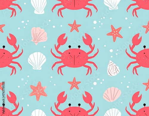 Whimsical aquatic scene with repeating crabs, starfish, and seashells on a light blue background. Decorative elements suggest an ocean vibe