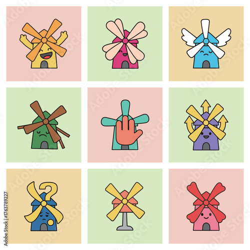 Cute Windmill Character Emoticon Sticker Set in Various Poses and Emotional Expressions, Energy and Environment Concept