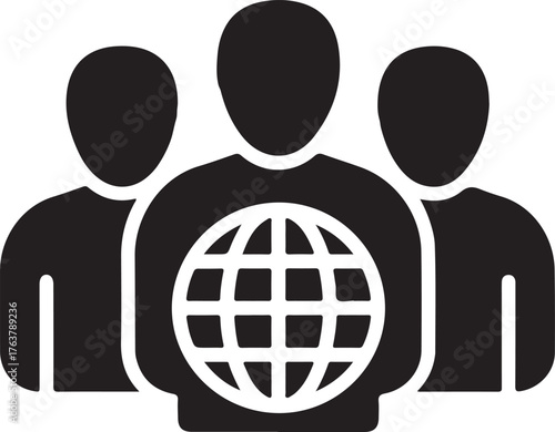 Vector art of global business team a group of people holding a globe, representing international collaboration, teamwork, and worldwide partnerships in a modern and connected world outline icon on