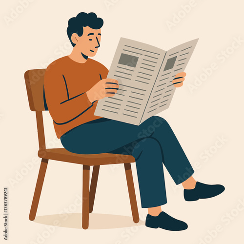 Person Sitting on Chair Reading Newspaper Flat Vector Illustration