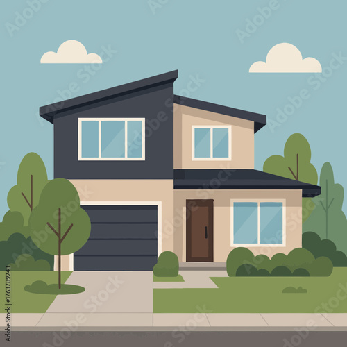 Modern House with Garden and Pathway Flat Vector Illustration
