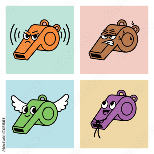 Cute Colorful Whistle Character Emoticon Sticker Set in Various Poses and Emotional Expressions, Sport and Sound Concept