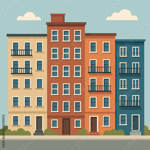 Colorful Apartment Building with Balconies Flat Vector Illustration