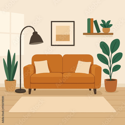 Living Room with Sofa, Plants, and Artwork Flat Vector Illustration