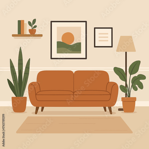 Living Room with Sofa, Plants, and Artwork Flat Vector Illustration