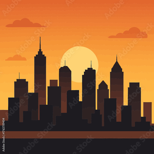 City Skyline at Sunset Vector Illustration