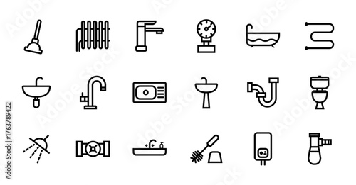 Plumbing service line icon set. A collection of radiator, faucet, pressure gauge, bathtub, towel warmer, sink, kitchen tap, kitchen sink, washbasin, siphon, toilet, shower, valve, toilet brush, heater