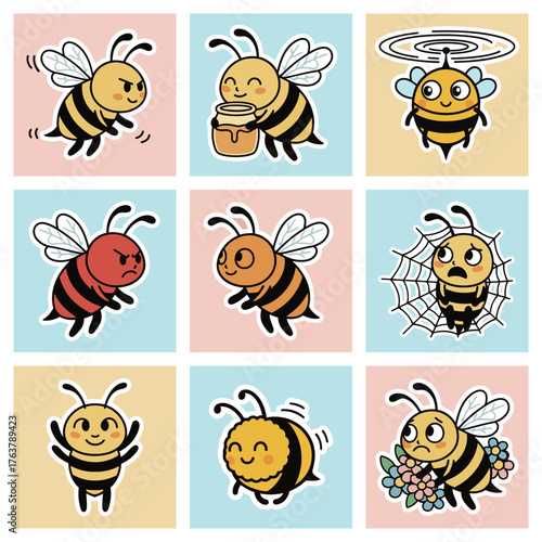 Set of cute cartoon bees with different emotions and activities vector illustration