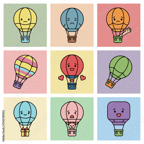 Set of cute hot air balloons with different emotions and features vector illustration