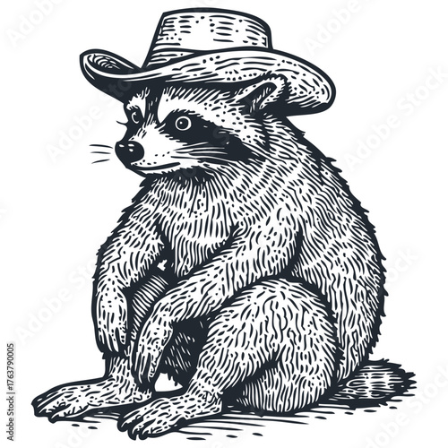 A funny raccoon character in a cowboy hat sits in a thoughtful pose. Vintage vector illustration in a classic engraving or woodcut print style.