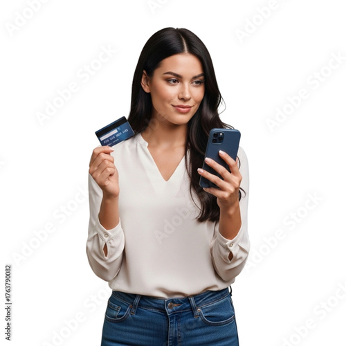 Woman shopping online with credit card and smartphone mobile banking app secure payment e commerce transaction on transparent background