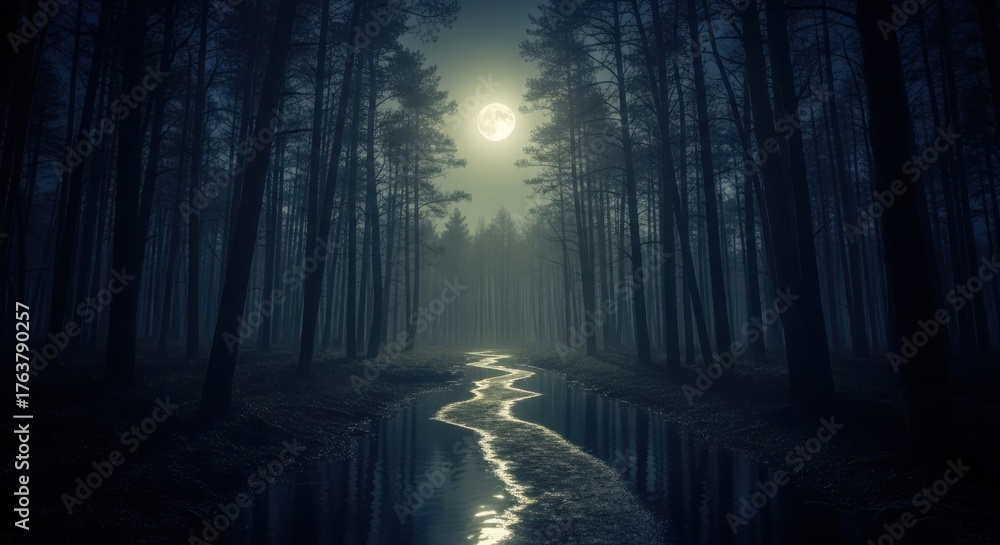 Fototapeta premium Mysterious forest with moonlit stream and tall trees
