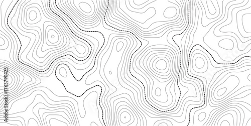 Stylized topographic contour map. Geographic line mountain relief. Abstract lines or white background. Cartography, topology, or terrain path concept. Vector illustration with editable stroke