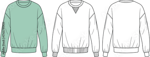Unisex crewneck sweatshirt flat fashion CAD, fleece pullover technical drawing, front and back vector clothing design template for casualwear