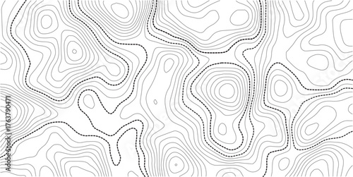 Stylized topographic contour map. Geographic line mountain relief. Abstract lines or white background. Cartography, topology, or terrain path concept. Vector illustration with editable stroke