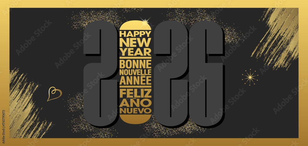 2026 - Carte de vœux moderne, graphique et luxueuse, noire et or, pour fêter le nouvel an - texte anglais, français, espagnol.
