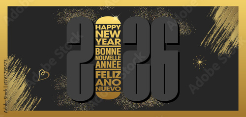 2026 - Carte de vœux moderne, graphique et luxueuse, noire et or, pour fêter le nouvel an - texte anglais, français, espagnol.
