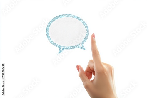 A hand pointing at an empty speech bubble, ready for your thoughts or messages. The bubble has a sketch-like quality