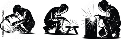 Welding workers in action, black and white illustration, metalwork safety gear, industrial sparks, welding techniques, protective helmets, skilled labor, fabrication process