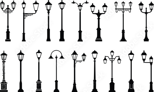 Vintage street lamp silhouette illustration, black and white urban lighting vector, decorative post artwork, historical design elements, architectural reference graphic