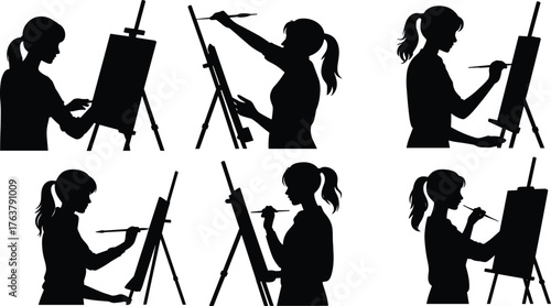 Woman artist painting on canvas silhouette, female painter with easel, creative art studio vector illustration, artistic drawing design, hobby artwork concept