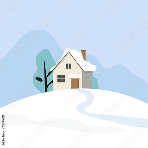 Illustration of a house in the snow winter cold