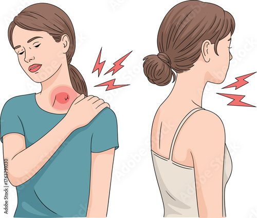 Woman suffering neck and shoulder pain illustration, muscle tension injury concept, health problem vector, body ache discomfort anatomy medical design