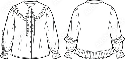 Women blouse fashion flat sketch, ruffle collar shirt design, technical garment drawing, long sleeve top illustration, CAD apparel vector template