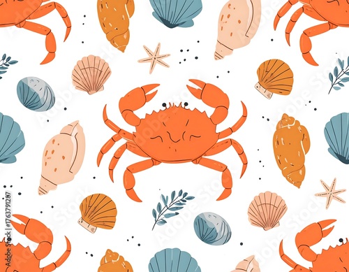 Whimsical illustration of an orange crab surrounded by various seashells and small sprigs, on a bright white backdrop