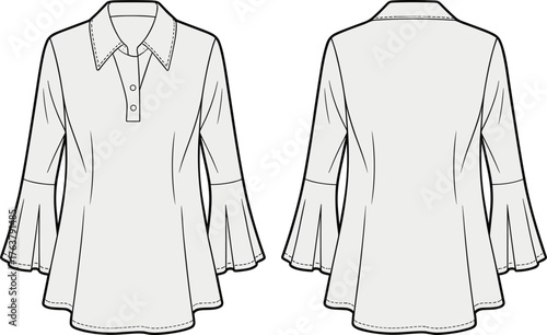 Women's blouse technical sketch, collared neckline, partial button placket, ruffled three-quarter sleeves, flared hem, relaxed silhouette, cad drawing flat vector illustration