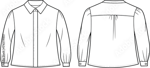 Women's blouse technical sketch, pointed collar, hidden placket, gathered sleeve, back yoke with pleat, curved hem, cad drawing flat vector illustration