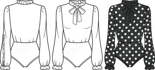 Women's bodysuit technical sketch, ruffled neckline and cuffs, puff sleeves, bow detail variation, polka dot pattern option, cad drawing flat vector illustration