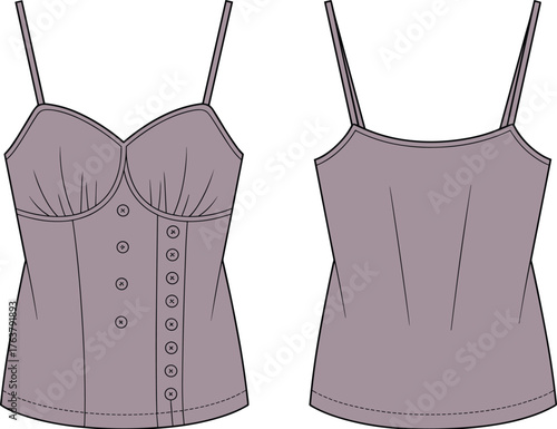 Women's camisole top technical sketch, sweetheart neckline, spaghetti straps, button placket, structured cups, fitted silhouette, cad drawing flat vector illustration