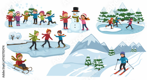 People skiing, skating, and snowboarding in scenic mountains. Fun winter sports vector illustration for posters and ads.