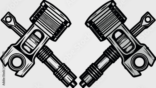 Dynamic engine pistons crossed creating a powerful automotive symbol for speed and mechanics