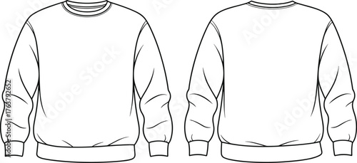 Women's crewneck sweatshirt technical sketch, ribbed neckline, cuffs and waistband, long sleeve, plain front and back view, cad drawing flat vector illustration