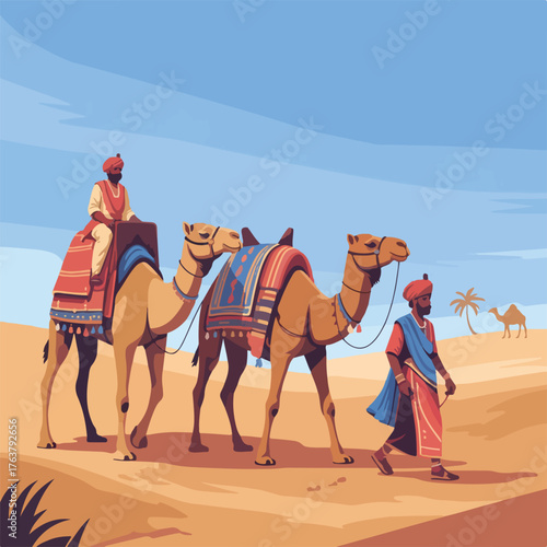 Desert Caravan with Decorated Camels and Travelers