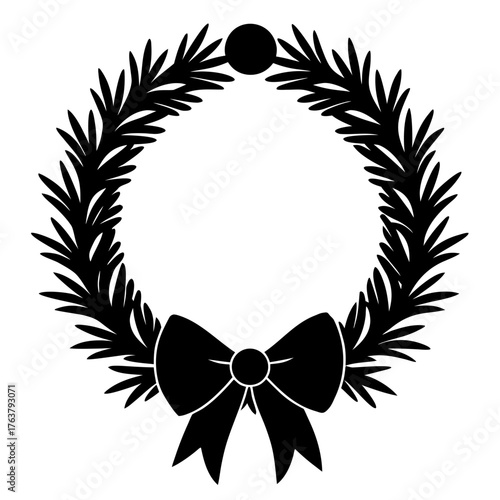 Black silhouette of a christmas wreath with pine needles and a bow
