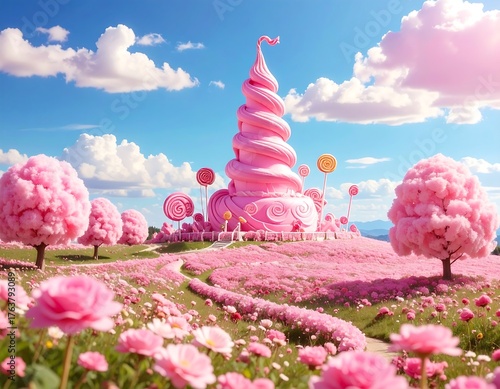 Whimsical scene of a spiral-shaped candy castle surrounded by a vibrant pink landscape, complete with candy trees and a winding pathway