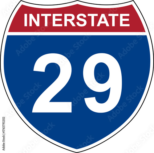 Interstate 29. Interstate highway sign. Road number. Signpost indicating route numbers in the U.S. Interstate Highway System. Even numbers run west to east. Odd numbers run north to south.