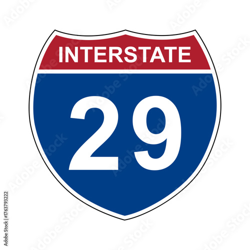 Interstate 29. Interstate highway sign. Road number. Signpost indicating route numbers in the U.S. Interstate Highway System. Even numbers run west to east. Odd numbers run north to south.