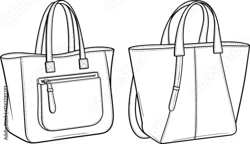 Women's handbag technical sketch, structured body, dual handles, front zipper pocket variant and clean design, cad drawing flat vector illustration