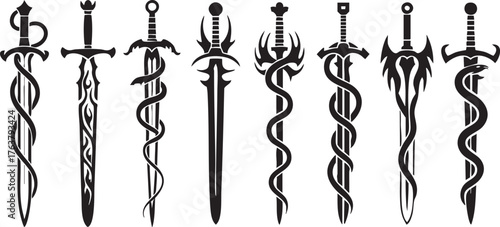 Fantasy sword tattoo set, vector linocut magic blade, dragon wings, fairy tale silhouette collection. Mystic legend snake print, spiritual medieval logotype, witchcraft sign. Sword tattoo black design