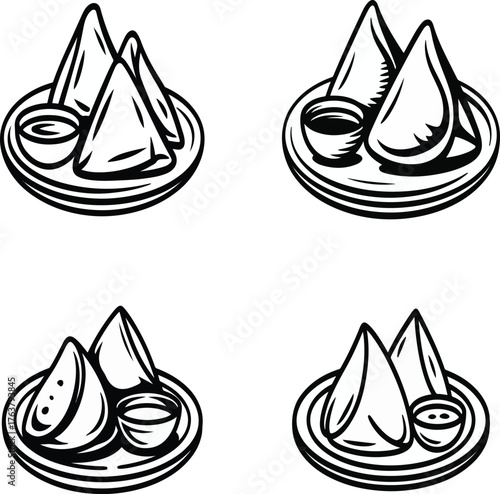 Samosa plate set in hand-drawn illustration with sauce and spices