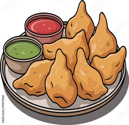 Pakora street food illustration with green and red sauces