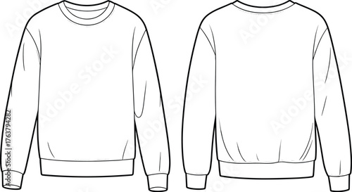 Women's sweatshirt technical sketch, crew neckline, ribbed cuffs and hem, long sleeve, plain front and back view, cad drawing flat vector illustration