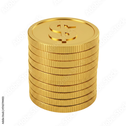 3d icon of stack of gold coins with dollar sign isolated on transparent background