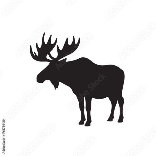 moose silhouette vector illustration features a bold, black outline of a moose standing gracefully against a clean white background. The moose is depicted in profile, showcasing its large, mescal