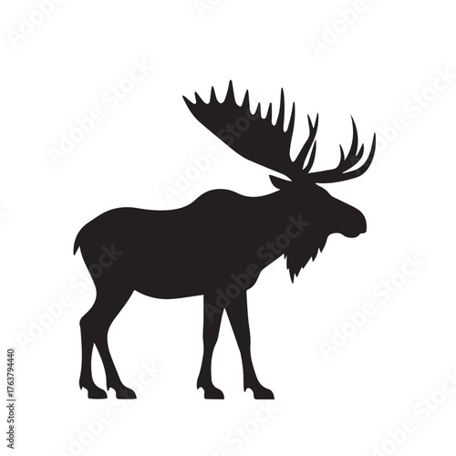 moose silhouette vector illustration features a bold, black outline of a moose standing gracefully against a clean white background. The moose is depicted in profile, showcasing its large, mescal